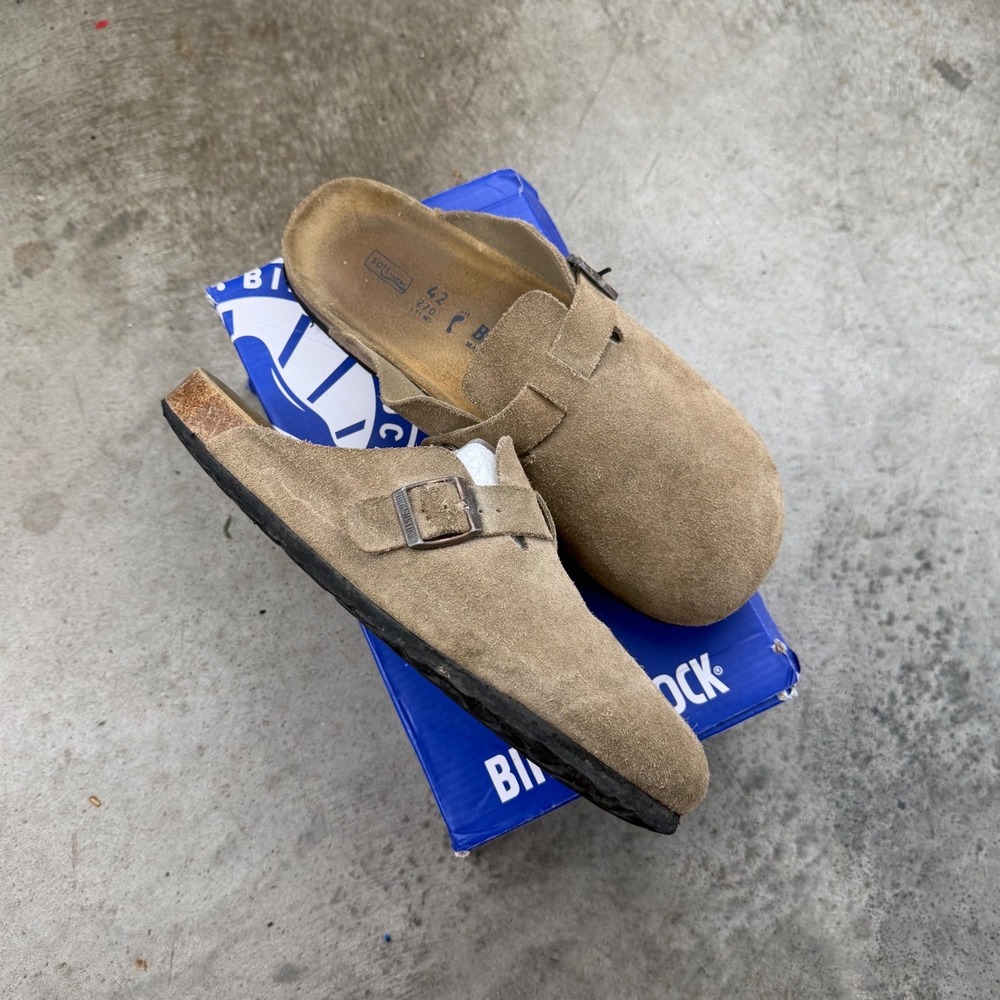 Birkenstock Boston Suede Taupe Soft Footbed Clogs Mens 9 EU 42 Narrow Fit